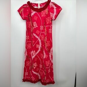 Karyl Kaye Vintage Hawaiian Dress 8 M Cotton Barkcloth Long Lei Floral Ruffle